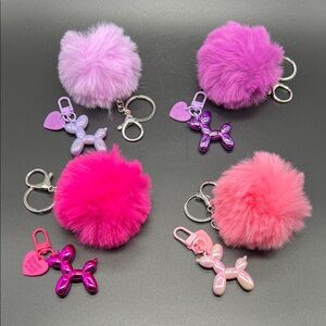 Pom Pom & Balloon Dog Bag Charm Set | Pick Your Color | Keychain - Pink & Purple